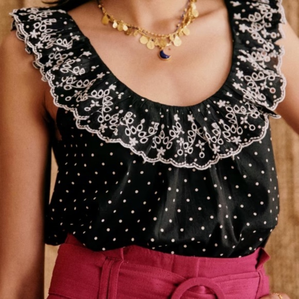 Sezane Black Eyelet Ruffle Polka Dot Tank